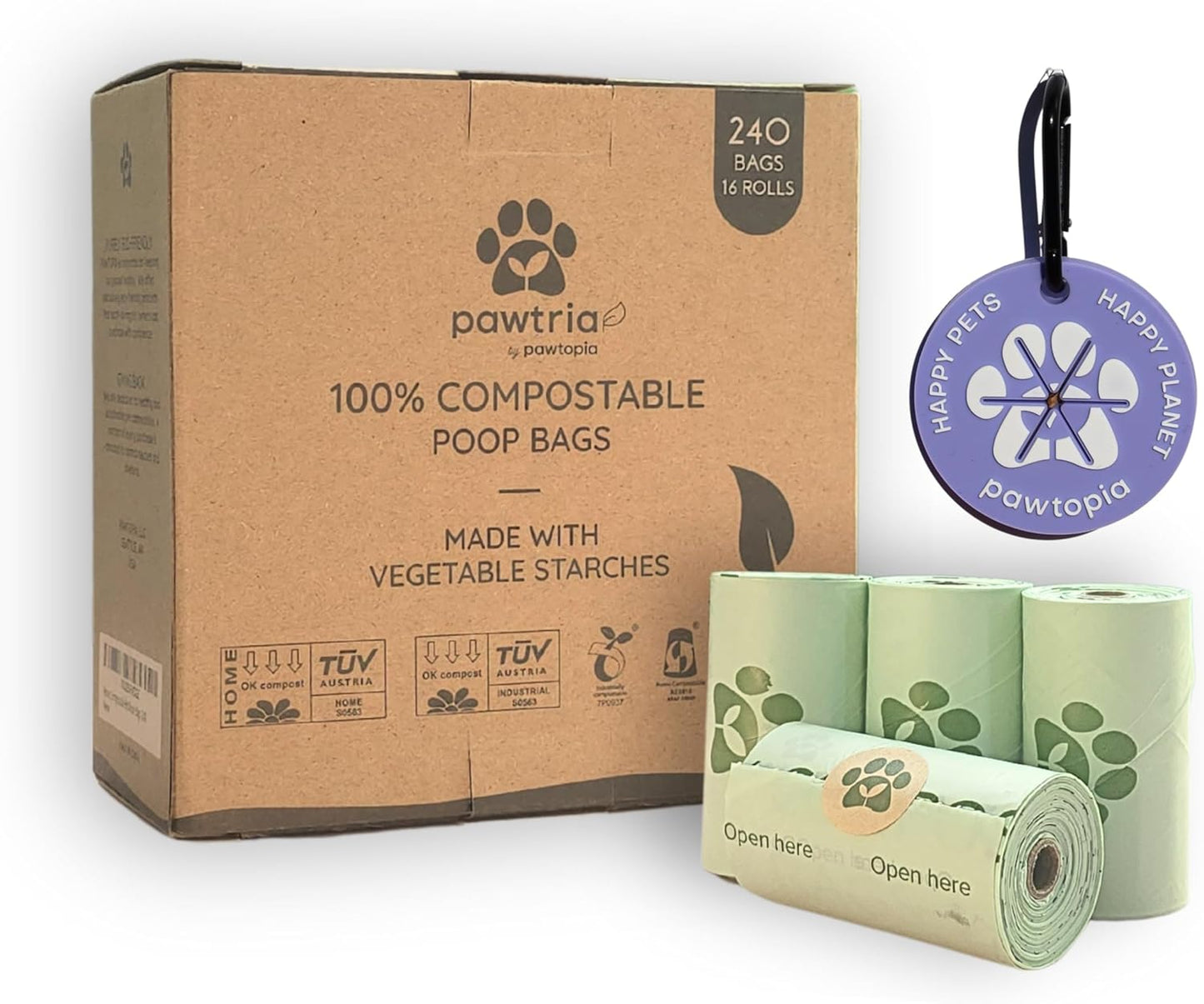 Pawtria Certified Home Compostable Dog Poop Bags (240 Bags + Lavender Carrier), Biodegradable Pet Waste Bags, Vegetable Starches, Leak proof Dog Waste Bags, Light-weight silicone made bag carrier - Pet Explorer