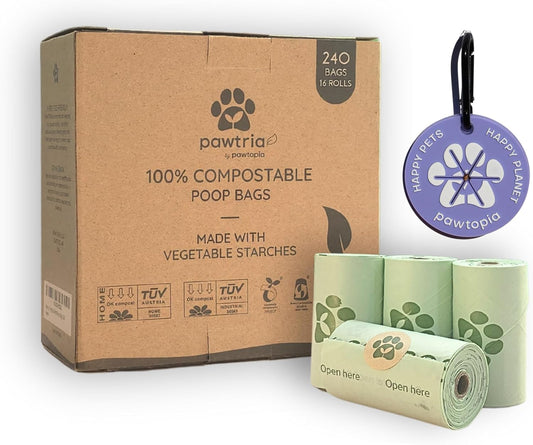 Pawtria Certified Home Compostable Dog Poop Bags (240 Bags + Lavender Carrier), Biodegradable Pet Waste Bags, Vegetable Starches, Leak proof Dog Waste Bags, Light-weight silicone made bag carrier - Pet Explorer