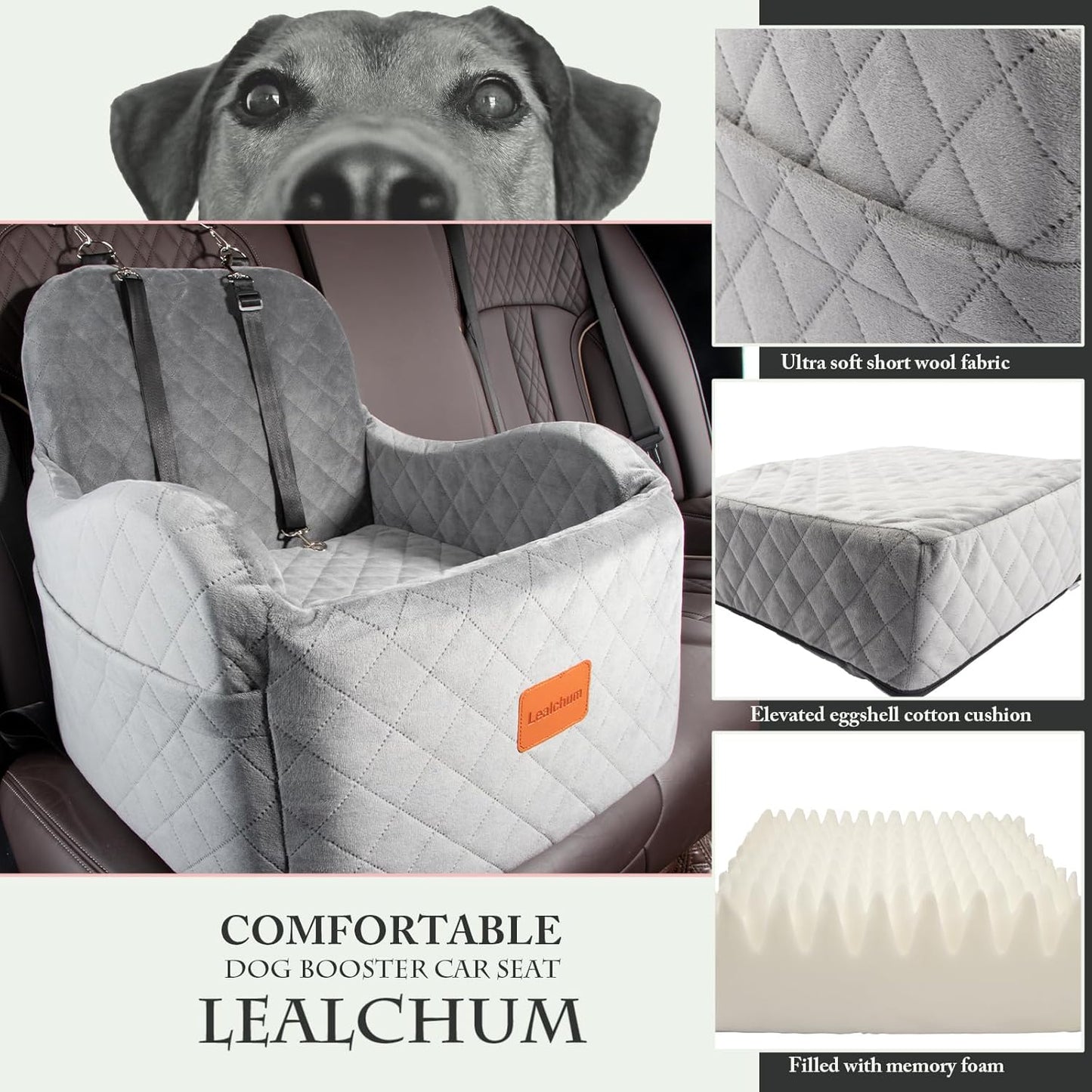 Dog Booster Car Seat for Small/Medium Dogs Up to 35lbs,Ultra Soft Fabric Covered,6in Elevated Cushion,Fully Detachable and Washable,3 Straps & 2 Pockets,Easy to Install(Grey,Medium) - Pet Explorer