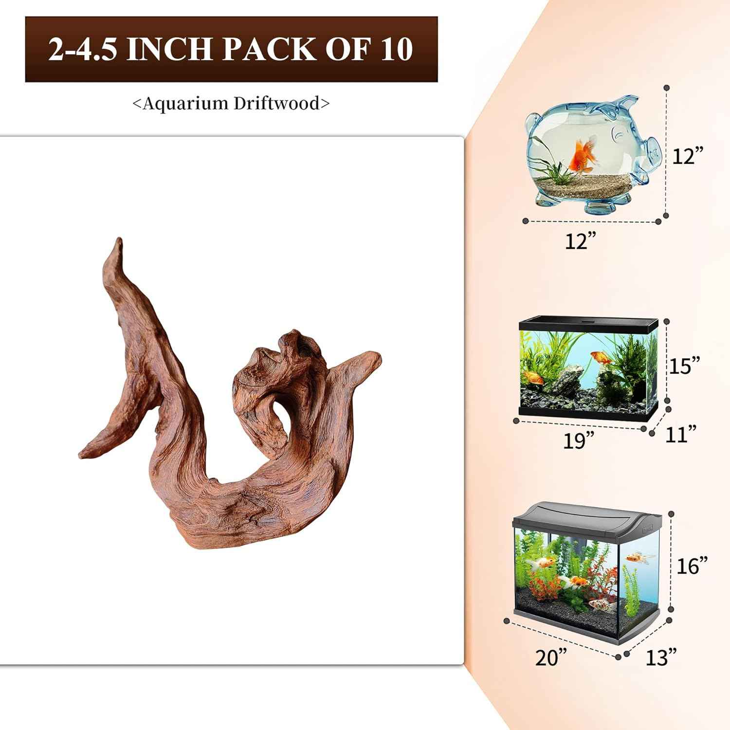 majoywoo Natural Small Driftwood for Aquarium Decor Reptile Decor, Assorted Driftwood Branch 2-4.5" 10 Pcs, Fish Tank Decorations