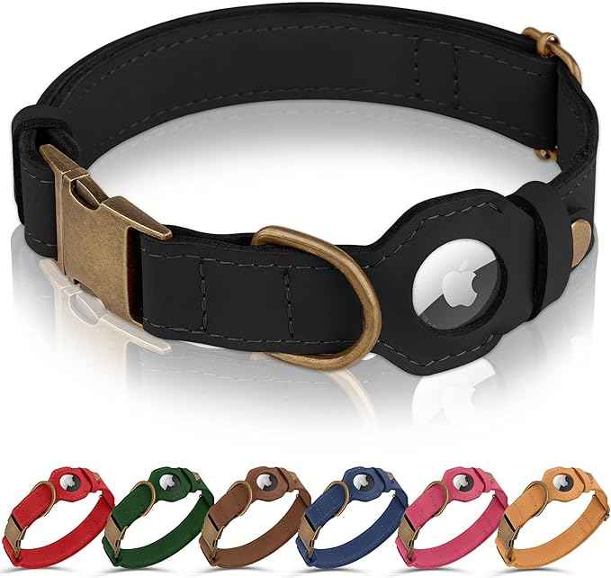 AirTag Dog Collar - Genuine Leather Dog Collar with Apple AirTag Holder and Metal Buckle - Smart GPS Tracking Pet Collars (Smoky Blue, S, 12"-15" Neck Fit) (Black, XS, 9"-12" Neck Fit)