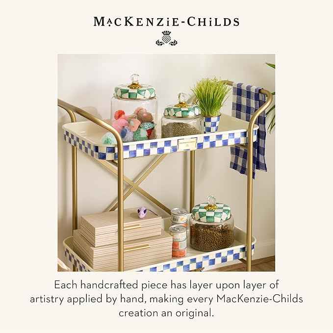 MACKENZIE-CHILDS Enamel Pet Bowl, Cute Cat and Dog Bowl for Food and Water, Medium, Green-and-White Emerald Check