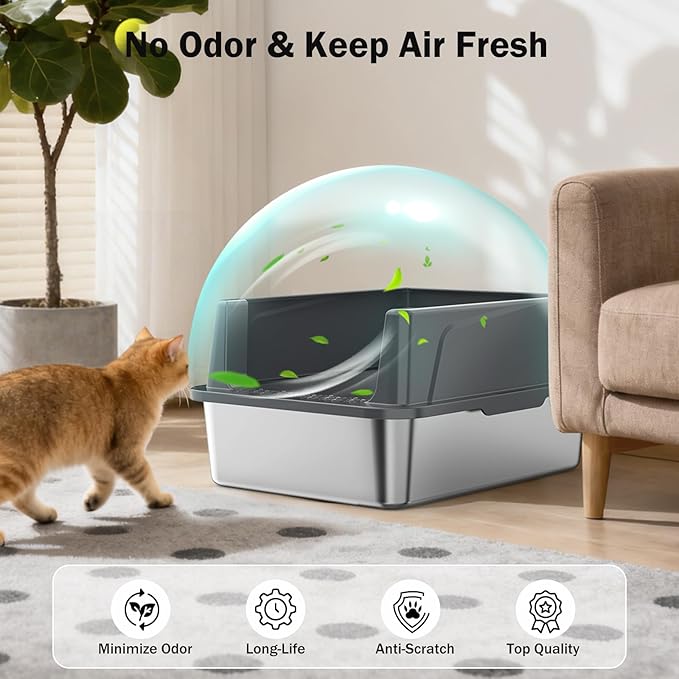 Stainless Steel Cat Litter Box with Lid, High-Sided Metal Litter Pan for Small Cats, Kitty Litter Box, Non-Stick & Odor-Resistant, Anti-Urine Leakage, Easy to Clean, Scoop Included