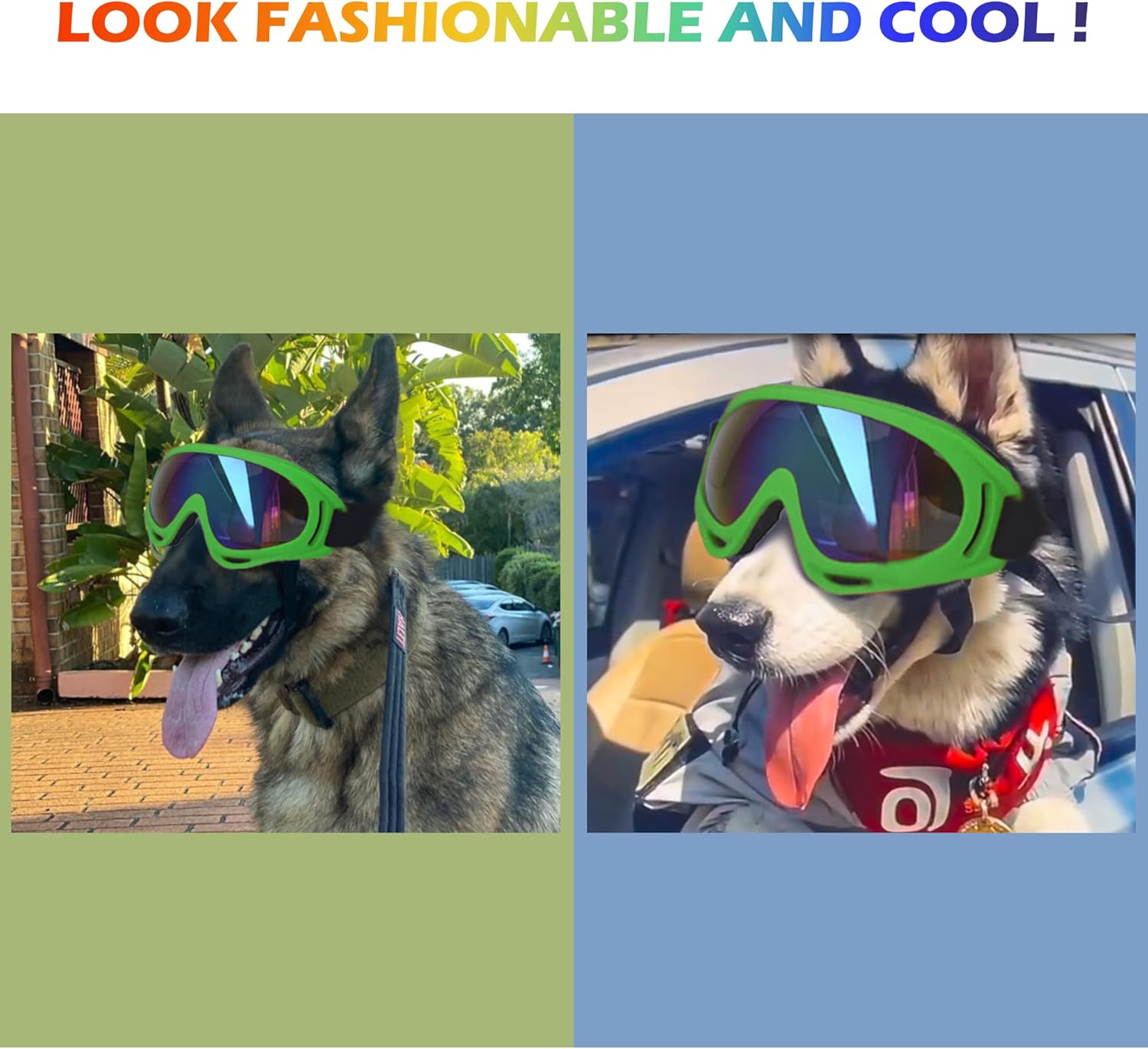 Large Dog Sunglasses With Adjustable Strap UV Protection, Windproof Puppy Eyewear, Suitable for Medium-Large Pets, Eyes Protection, Soft Goggles (Green Frame) - Pet Explorer