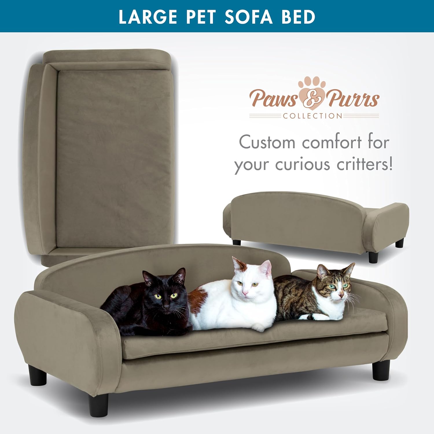Paws & Purrs Multi-Cat Sofa Bed – 41.5″ Wide Elevated Pet Couch with 3″ Foam Mattress, Removable Machine-Washable Cover – Stylish Indoor Pet Furniture for Two or More Cats and Dogs, Ash - Pet Explorer