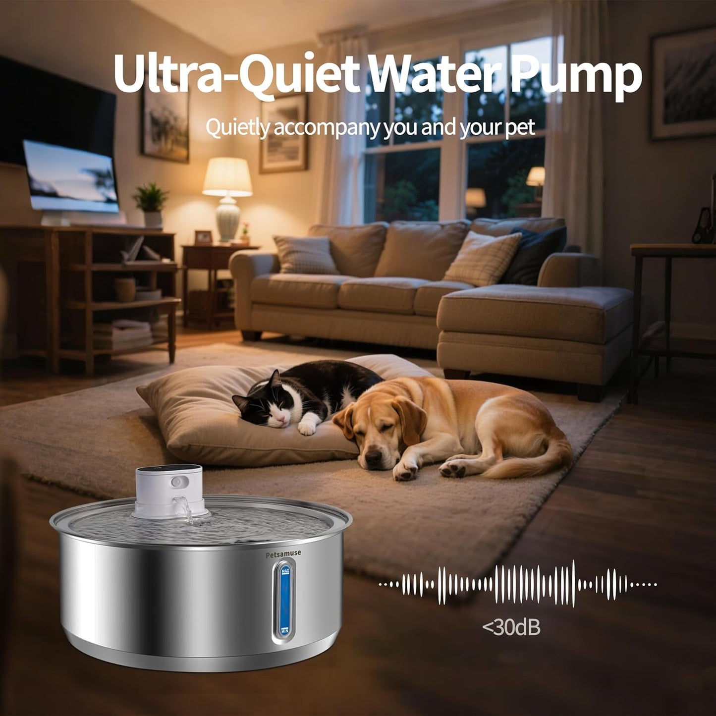 Wireless Dog Water Fountain, 2.1Gal/8L Battery Operated Stainless Steel Pet Water Fountain Motion Sensor Dog Water Bowl Fountain Large Dog Bowl Inside with 3 Filters and 2 Ultra Quiet Pumps - Pet Explorer