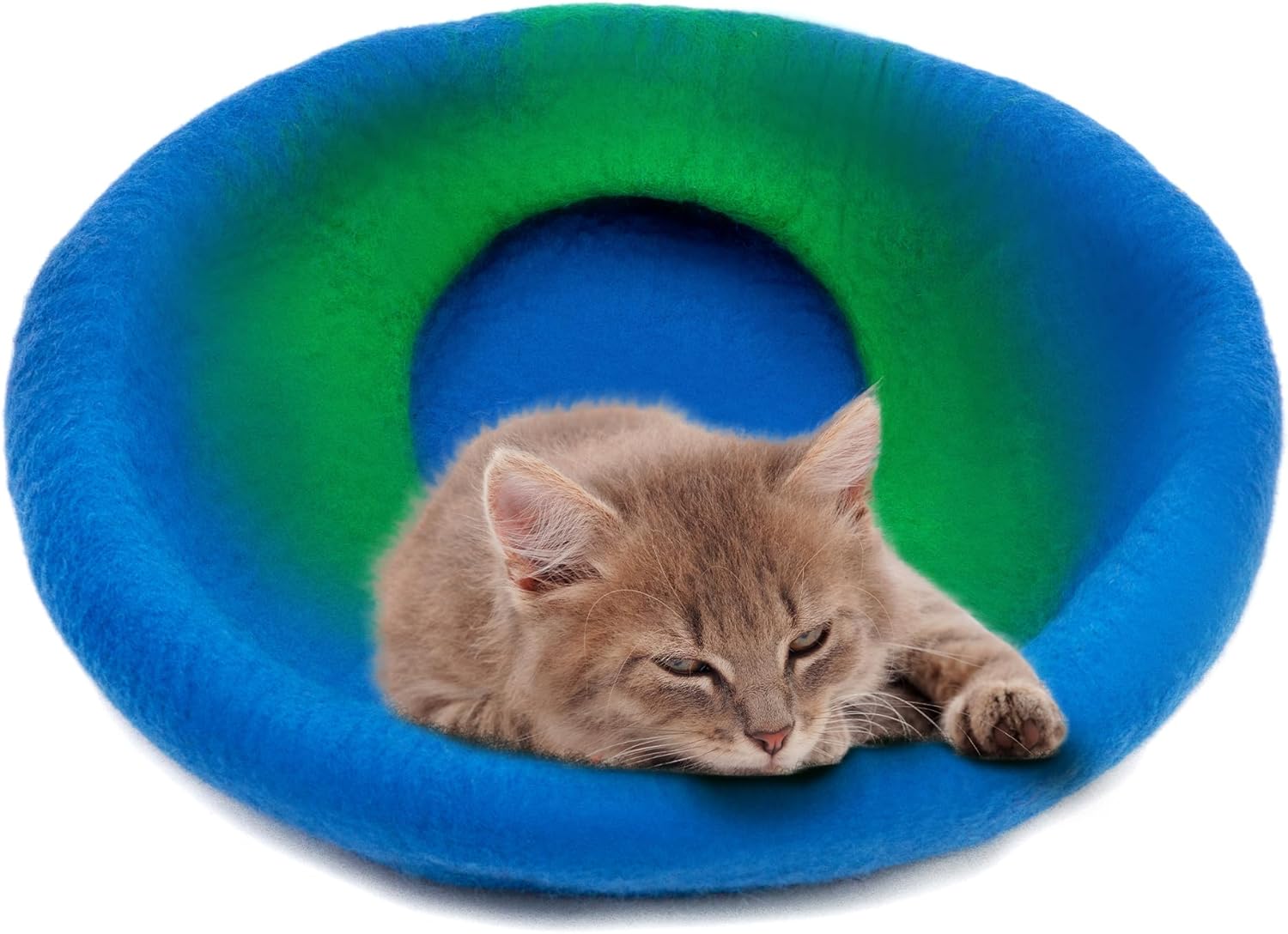 Woolygon Premium Felt Cat Cave Bed – Wool Kitty Beds Handcrafted Kitten Caves Bed for Indoor Cats - Made from 100% Eco-Friendly Merino Wool, Foldable Cat Hidewawy Covered Cat Houses (Emerald Indigo) - Pet Explorer