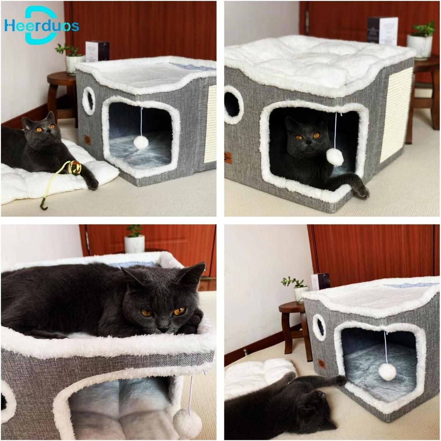 Cat Bed for Indoor Cats,Covered Cat Cave House & Furniture with Scratch Pad,Foldable Cat Hideaway Hut Cute Cat Condo with Soft Washable Mat for Multi Small Pet Under 30 lbs,Dark Grey - Pet Explorer