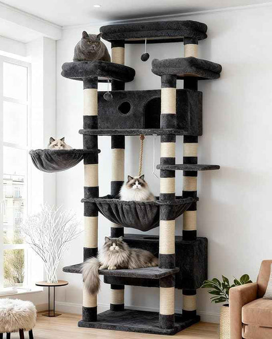 Cat Tree for Indoor Cats Large Adult, 74" Cat Tower with 3 Big Platforms, 2 Baskets, 2 Condos, Multi-Level Cat Scratching Posts, Smoky Gray GCT030G