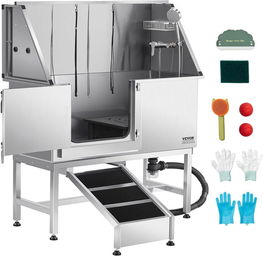 VEVOR Stainless Steel Dog Washing Station, 50 inch Pet Grooming Tub w/Ramp, PE Water Filter Board, Faucet & Showerhead & Soap Holder Dog Bathtub for Large & Medium & Small Pets (Left Door) - Pet Explorer