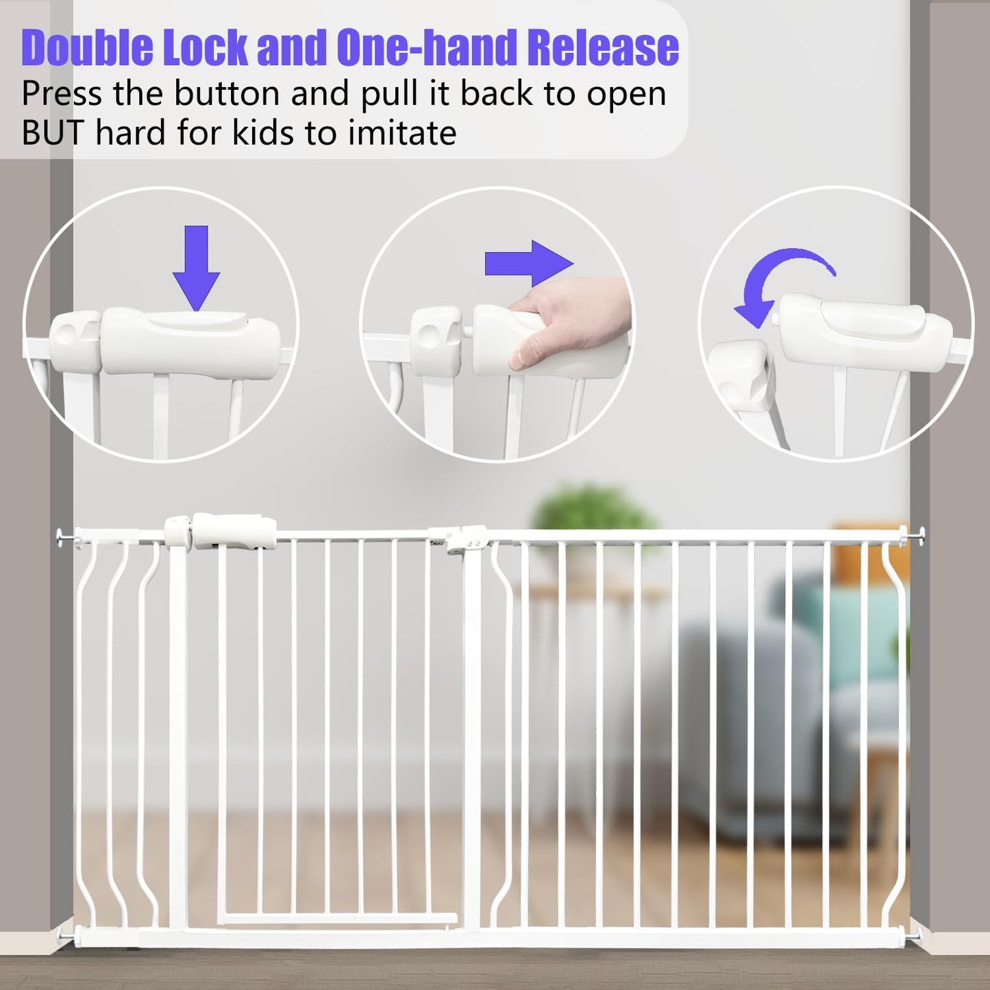 Extra Wide Baby Gate 53-57.5 Inch, Tension Mounted No Drilling, Auto Close Indoor Safety Gate for Stairs & Doorways - Metal Design for Kids and Pets, White