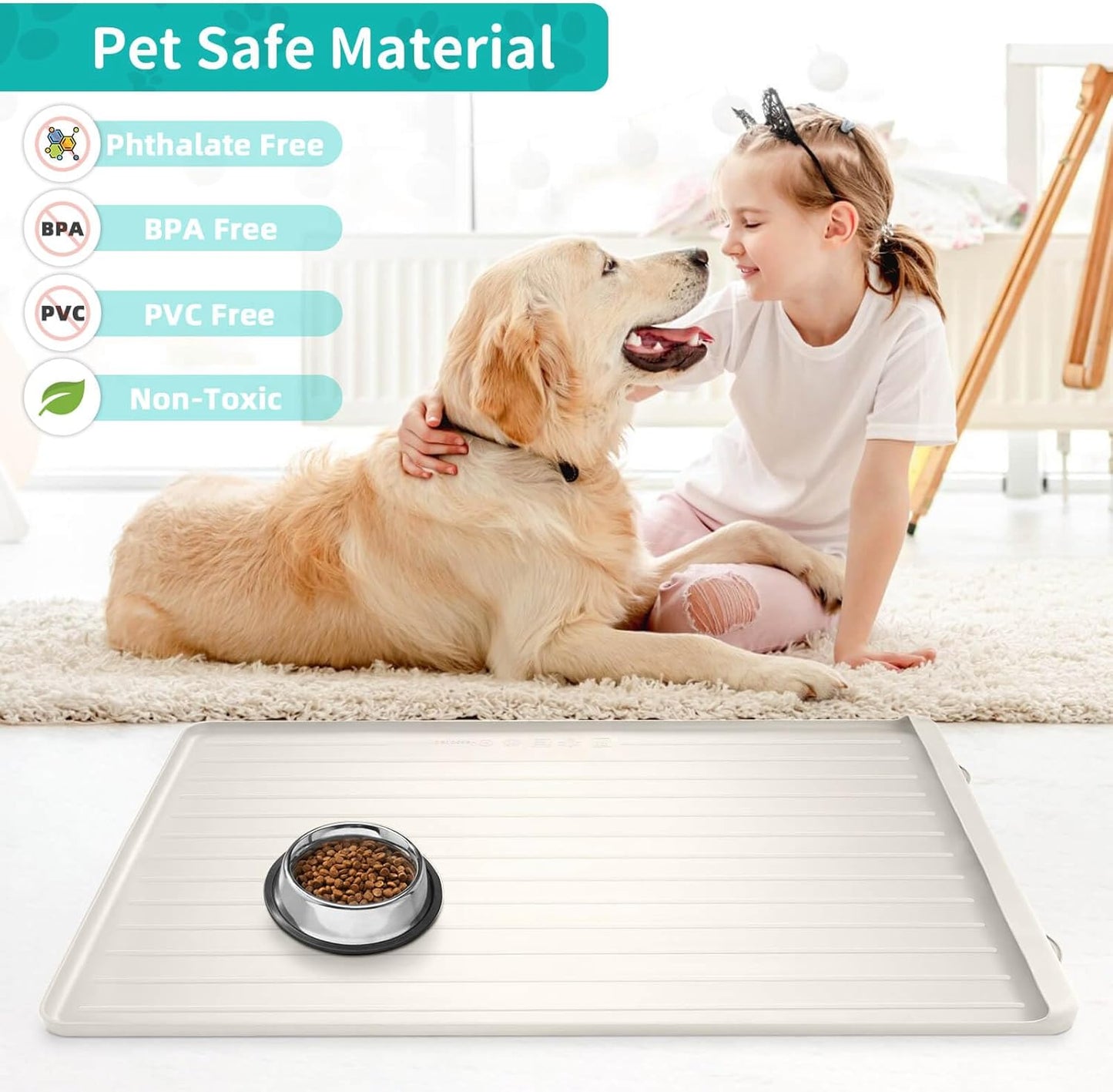 Dog Mat for Food and Water - 39.4" x 27" Large Pet Feeding Mats with Residue Collection Pocket - Waterproof Dog Cat Bowl Mat with High Edges to Prevent Water and Food Spills (Cream) - Pet Explorer