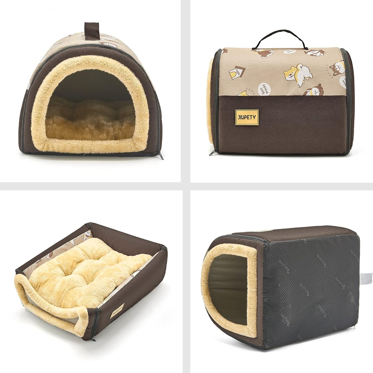 Jiupety Cozy Small Pet Dog House, 2 in 1 Puppy House, S Size for Cat and Puppy, Warm Cave Sleeping Nest for Cats and Dogs, S(15"×12"×11"), Up to 5.5 Lb, Brown - Pet Explorer