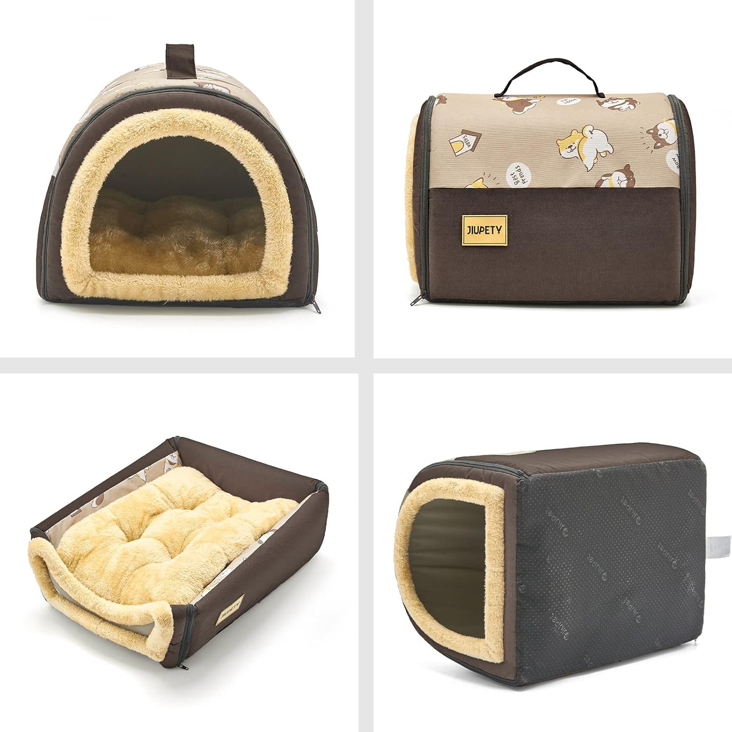 Jiupety Cozy Small Pet Dog House, 2 in 1 Puppy House, S Size for Cat and Puppy, Warm Cave Sleeping Nest for Cats and Dogs, S(15"×12"×11"), Up to 5.5 Lb, Brown - Pet Explorer