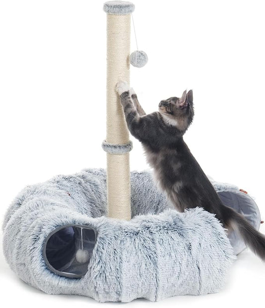 3-in-1 Cat Toys, 34'' Tall Cat Scratching Post with Donut Tunnel, Fluffy Plush Peekaboo Cave for Indoor Pets Such as Kittens, Puppies, Rabbits, and Ferrets