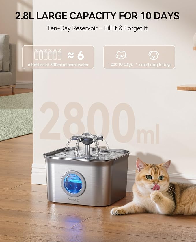 Stainless Steel Cat Water Fountain, 99oz/2.8L Auto Pet Drinking Fountain with 20dB Ultra-Quiet Pump- Ideal for Timid Pets, LED Water Level Window, Dishwasher Safe, 24/7 Circulating Flow - FEELNEEDY