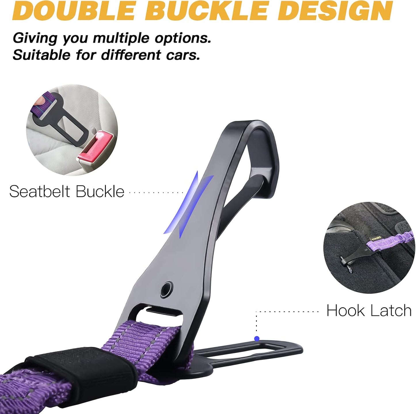 AUBELL Dog Seat Belt for Car,2 Pack Set 3-in-1 Adjustable Reflective Bungee Heavy Duty Dog Car Harness Tether with Clip Hook Latch & Buckle,Swivel Zinc Alloy Carabiner,Black+Purple - Pet Explorer