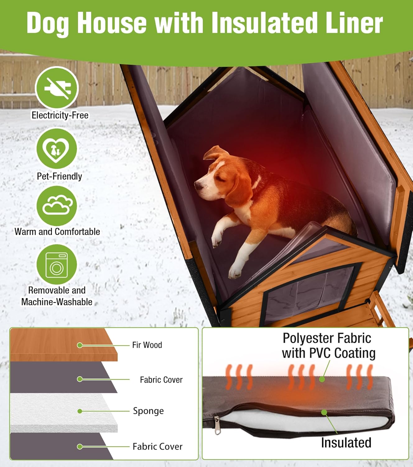 GUTINNEEN Insulated Dog House Outdoor, Waterproof Dog Kennel with Anti-Bite Design, Asphalt Roof, Elevated Base, PVC Curtain, for Small to Medium Dogs - Brown - Pet Explorer