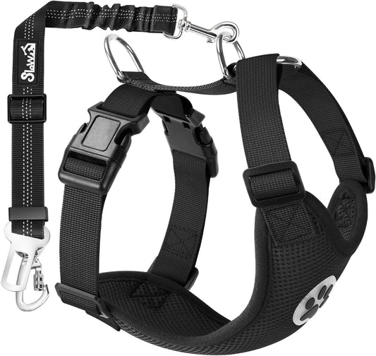 SlowTon Dog Seat Belt Harness for Car, Dog Car Harness Adjustable Mesh Breathable & Dog Seatbelt Safety Tether with Elastic Bungee for Small Medium Large Pets(Black, Double Clip, M) - Pet Explorer