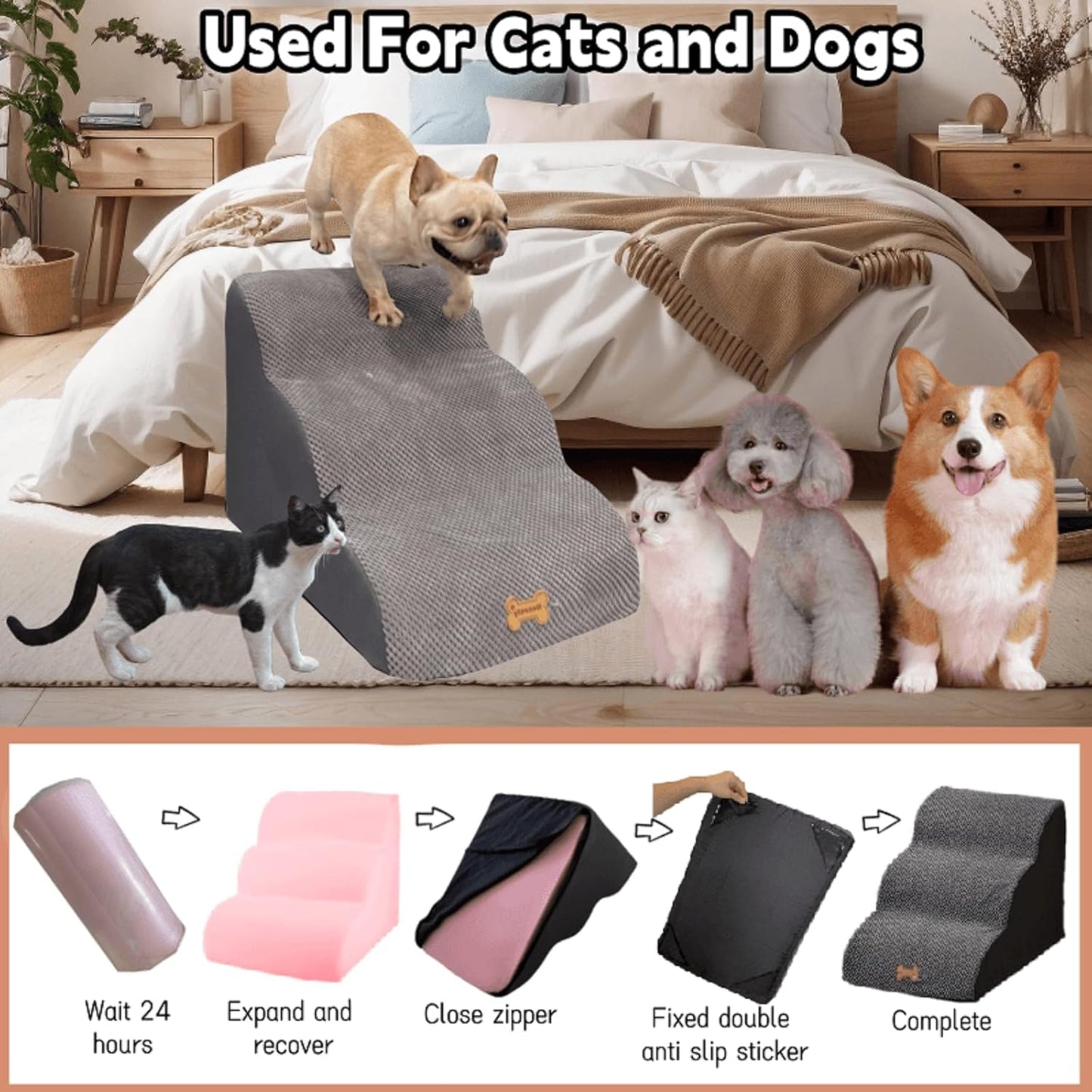 3-Step Dog Stairs for High Beds & Couches Multi-Step Non-Slip Pet Steps with Balanced Ramp Indoor 2 3 4 5 Step Stairs for Small to Large Dogs and Cats Non-Slip Stickers 30D Grey - Pet Explorer