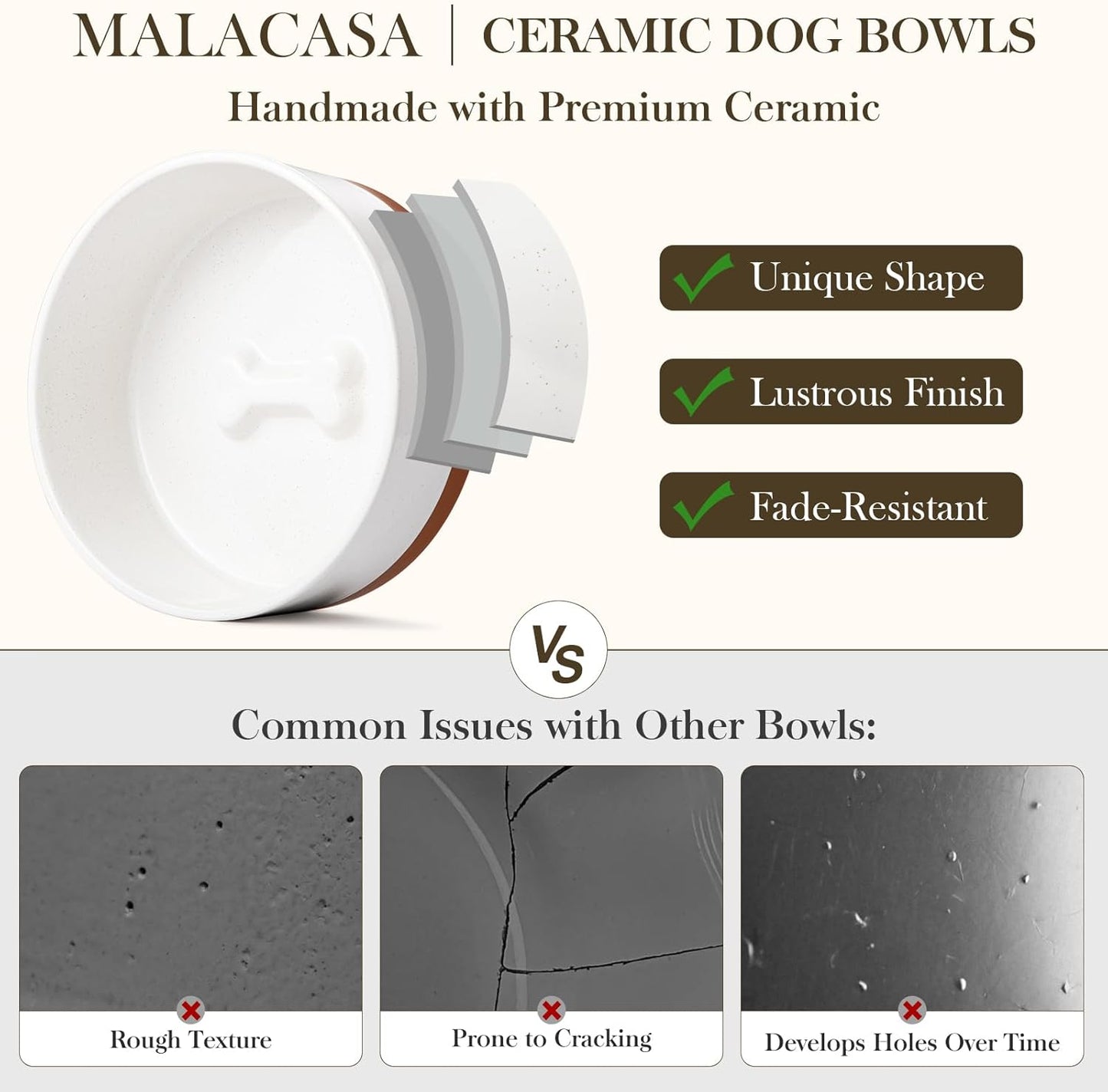 MALACASA Ceramic Dog Bowls, Dog Water/Food Dish with Wood Stand Non-Slip,14oz, Pet Basic Bowls for Your Puppy, Small Dogs or Cats,Glaze Matte Weighted Non-Slip (S-1.5 Cups) - Pet Explorer