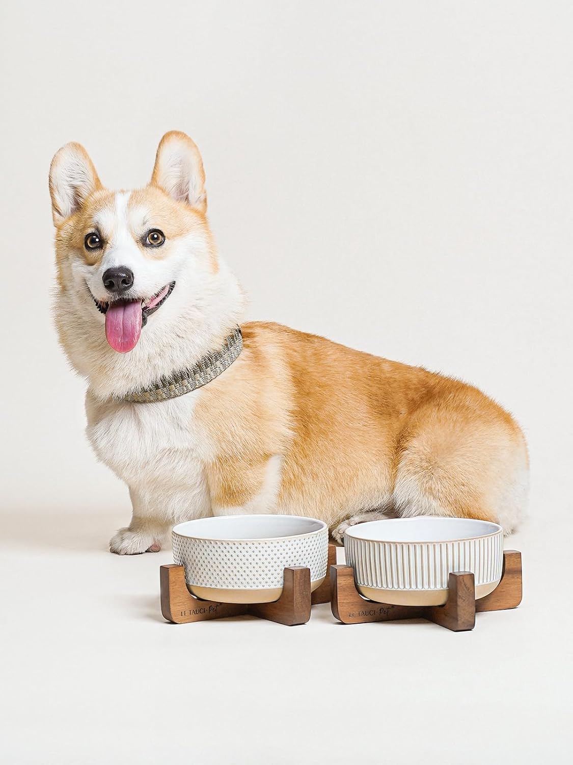 Ceramic Dog Bowls for Medium Small Dogs - 4 Cup Medium Dog Food and Water Bowls with Wood Stand, Cute Pet Dishes Set of 2, Lines+Dot - Pet Explorer