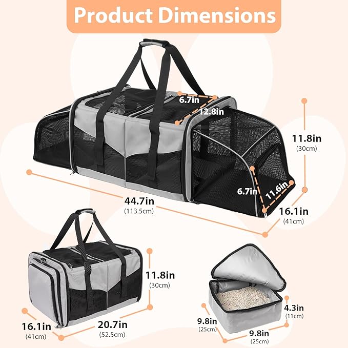 Large Cat Carrier for 2 Cats, Expandable Cat Carrier with Litter Box, Pet Carrier for Car Travel Built-in Removable Divider, Foldable Soft Cat Crate with Breathable Mesh with Breathable Mesh, Grey