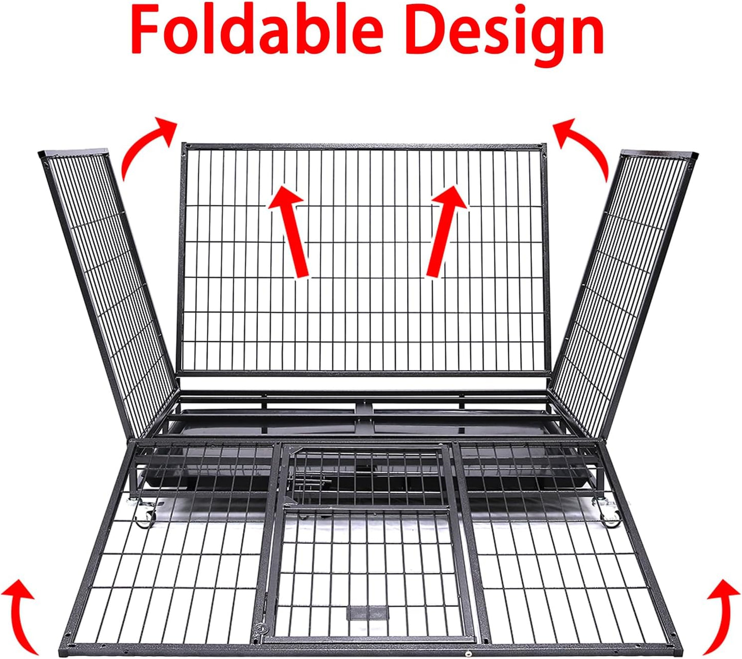 43" Collapsible and Stackable Large Dog Crates, Heavy Duty Dog Kennel Cage Open Top Double Doors W/Feeding Door, Dual Safe Locks, 360° Lockable Casters, Removable Tray & Metal Floor Grids