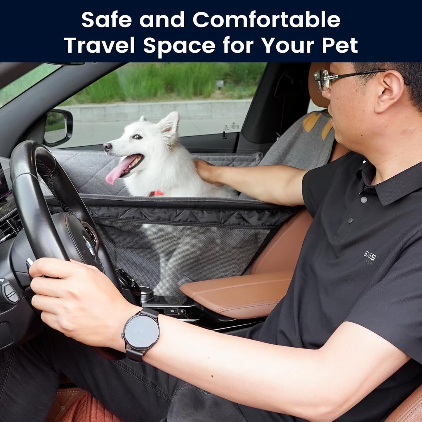 Dog Car Seat for Small/Medium Dogs with Door Protection – Full Coverage Pet Booster Seat with Mesh Window, Zippered Side Flaps, Safety Buckle, Grey Linen Fabric - Pet Explorer