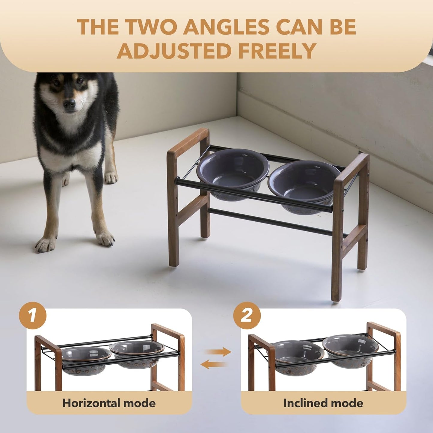 7.1inch Ceramic Adjustable Raised Double Bowls Set with Stand, 3 Heights Elevated, 2 Placement Options,Food and Water Bowls for Medium and Large Dog(Reactived Glaze -Grey) - Pet Explorer