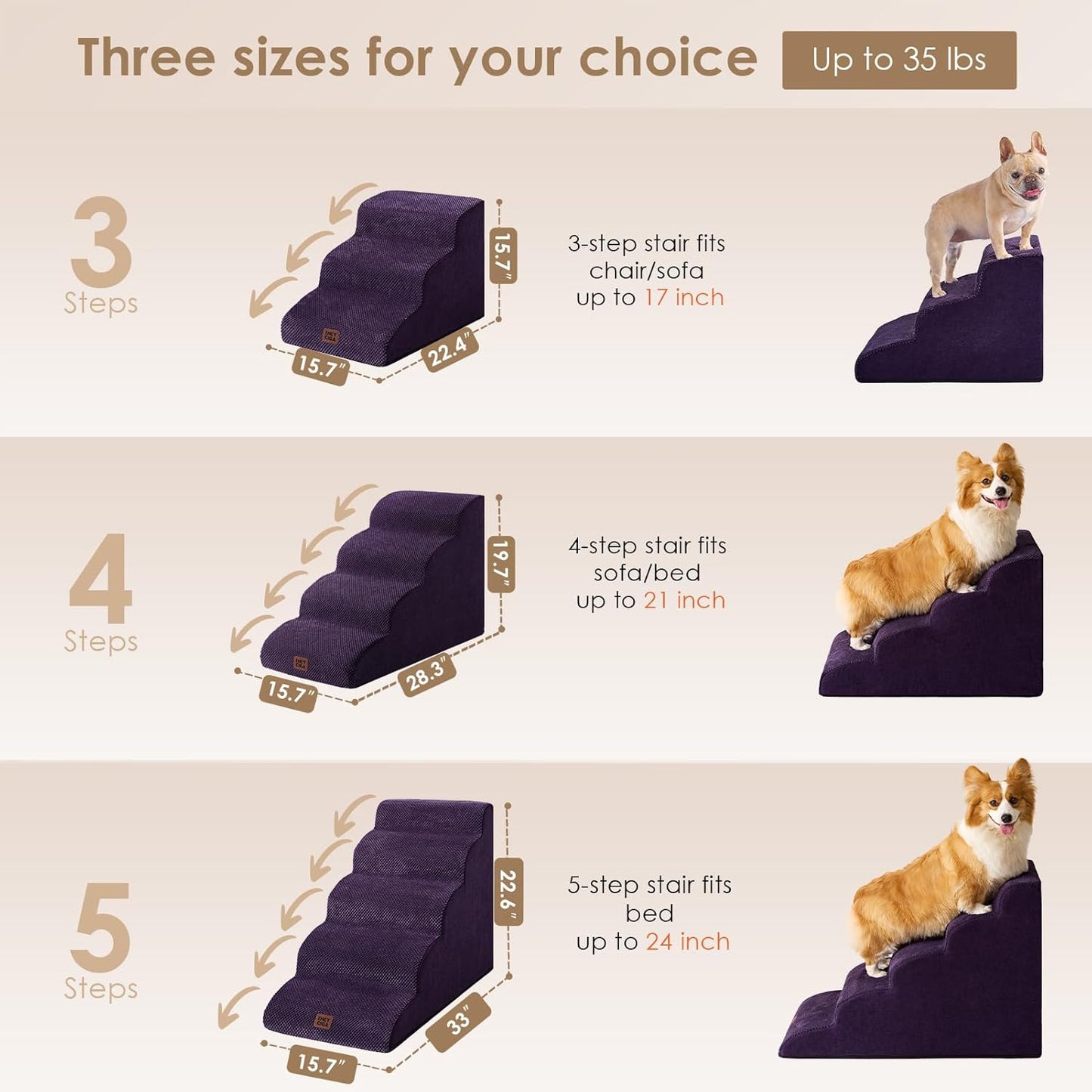 EHEYCIGA Curved Dog Stairs Ramp for High Beds 19.7" H, 4-Step Dog Steps for Small Dogs and Cats, Pet Stairs for High Bed Climbing, Non-Slip Balanced Pet Step Indoor, Purple - Pet Explorer