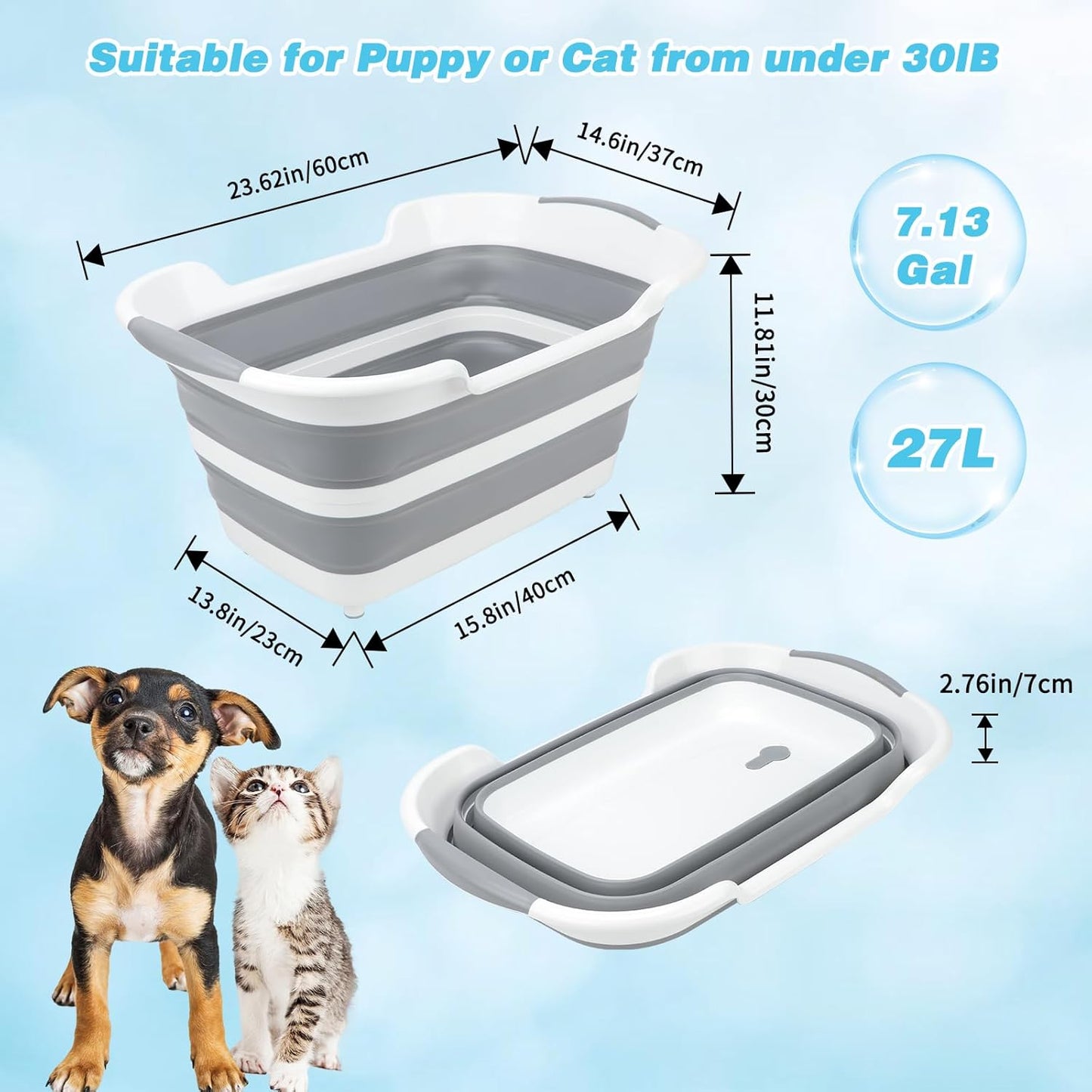 FHTONGE 7.13 Gal/27L Raised Collapsible Dog Bathtub with Drain Hair Catcher, Multifunctional Pet Washtub for Small to M Dog, Portable Puppy Tub Cat Shower Basin Laundry Basket Storage Organize Bucket - Pet Explorer