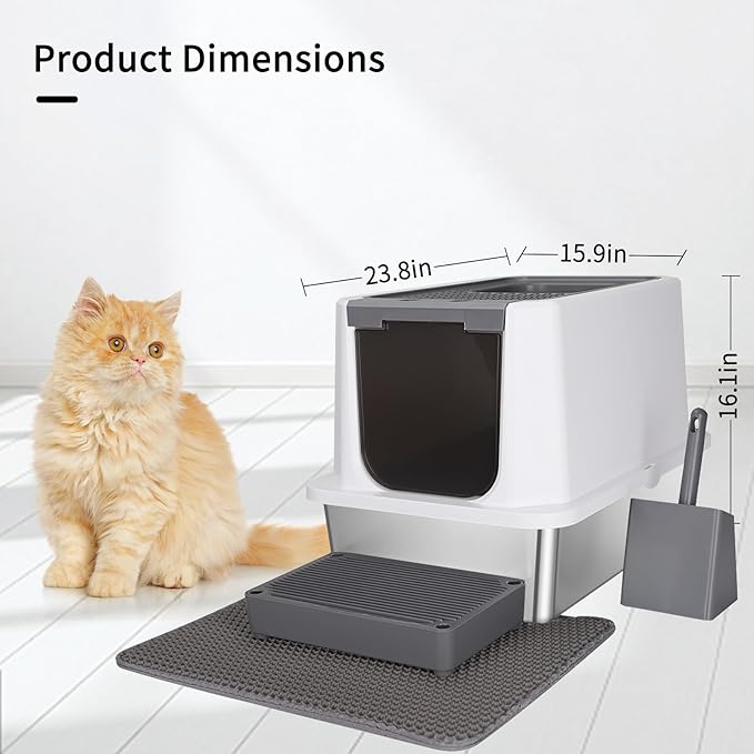 RIZZARI Large Cat Litter Box: Dark Gray Semi-Enclosed Stainless Steel Litter Box with Raised Edges - Anti-Leakage Odorless - Litter Pan for Small to Large Sized Cats in Bedroom Living Room