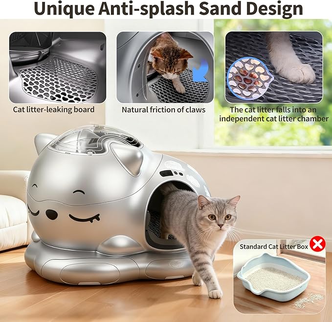 Automatic Cat Litter Box, Semi-Open Large Capacity with Triple Odor Removal System, App Control and Health Monitor, Safety Sensor, Cute Self Cleaning Litter Box for Multiple Cats (Silvery)
