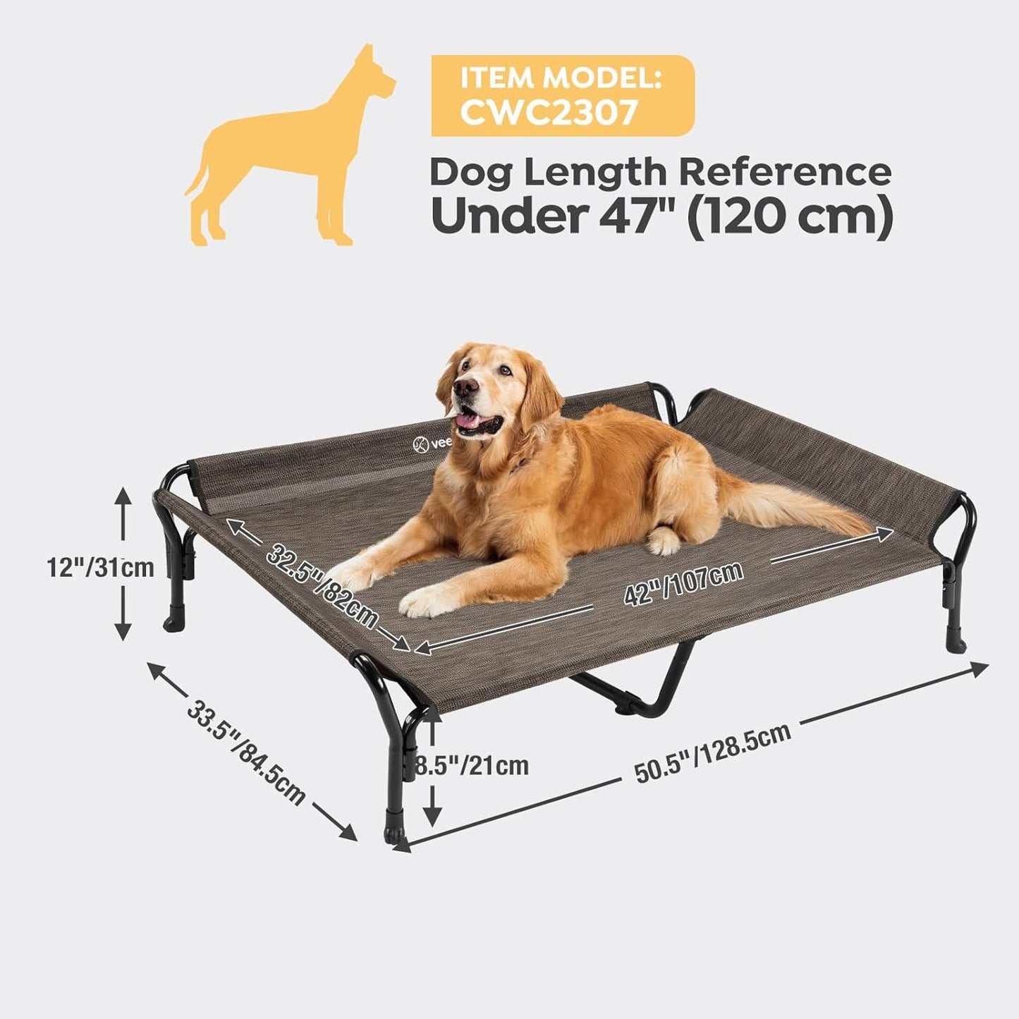 Veehoo Cooling Elevated Dog Bed, XL Raised Pet Cot with Guardrail & Slope Headrest, Durable Breathable Teslin Mesh, Non-Slip Feet, Washable Dog Couch Bed for Indoor & Outdoor, 50.5" x 33.5, Brown - Pet Explorer