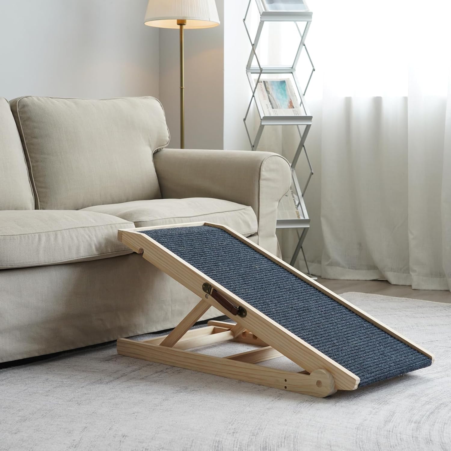 Dog Ramp for Bed Couch - Pet Steps Stairs to Get on Bed Couch 11.8"-19.6" High for Small or Large Dog Up to 200 lbs, Adjustable Wooden Dog Ramp Steps Foldable Portable, Anti-Slip Carpet (Natural) - Pet Explorer