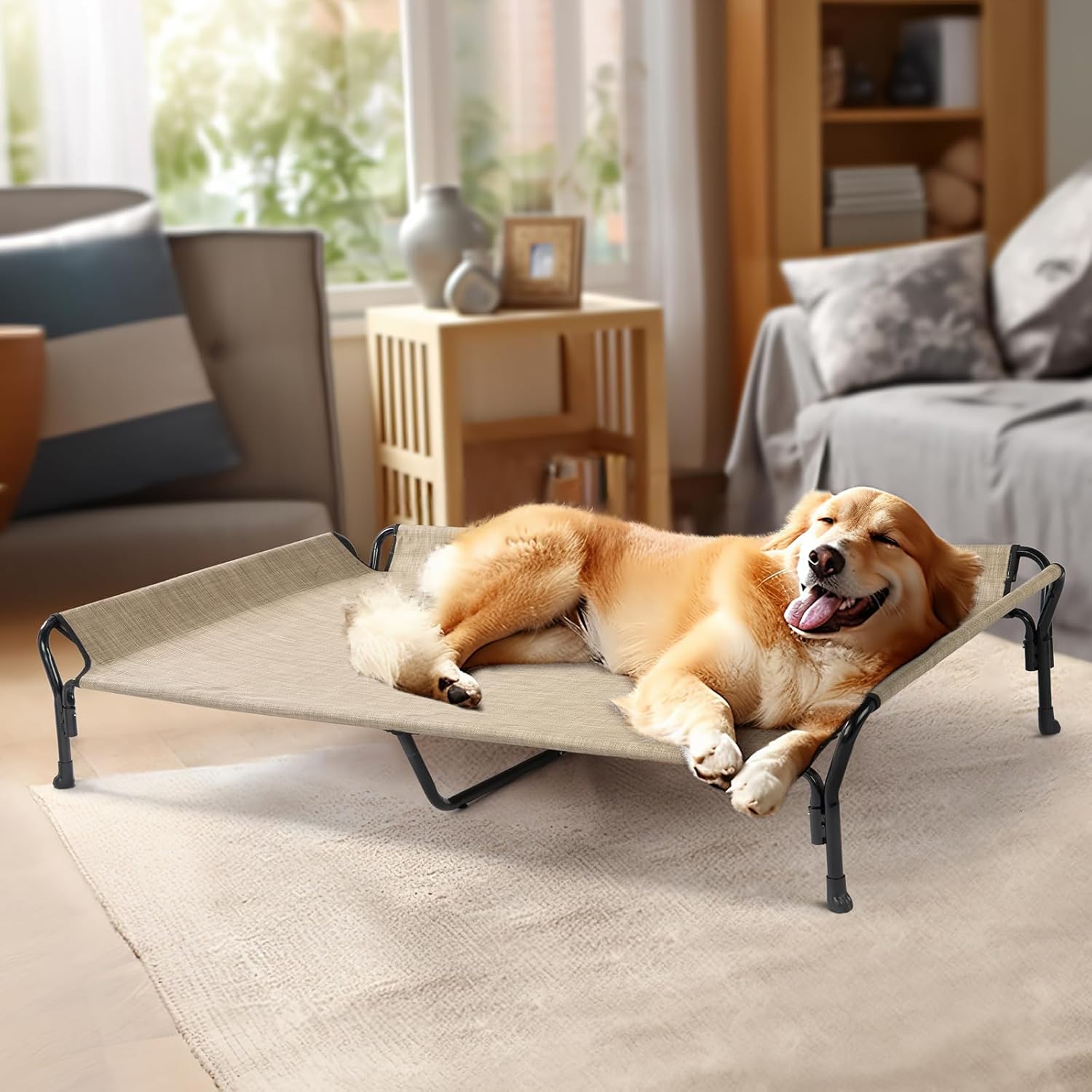 Veehoo Cooling Elevated Dog Bed, Guardrail Raised Pet Cot, Indoor & Outdoor XXL Pet Bed with Washable & Breathable Teslin Mesh, Non-Slip Feet, Dog Couch Bed, 62.5" x 37", Beige Coffee - Pet Explorer