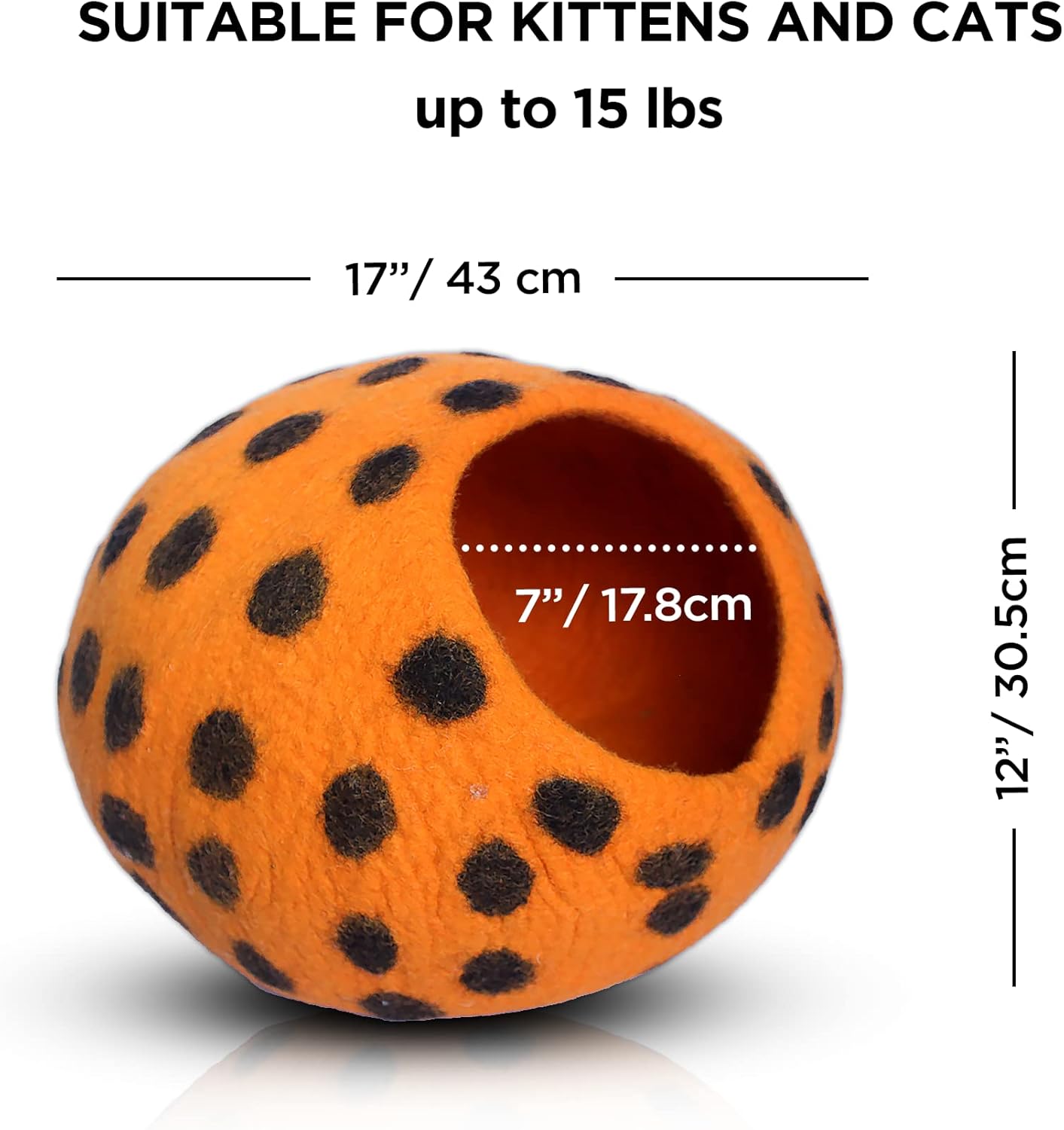 Woolygon Premium Felt Cat Cave Bed - Polka Dot Series - Wool Kitty Beds Handcrafted Kitten Caves Bed for Indoor Cats - Eco-Friendly Merino Wool, Foldable Cat Hideaway Cat Houses (Orange/Black Dots) - Pet Explorer