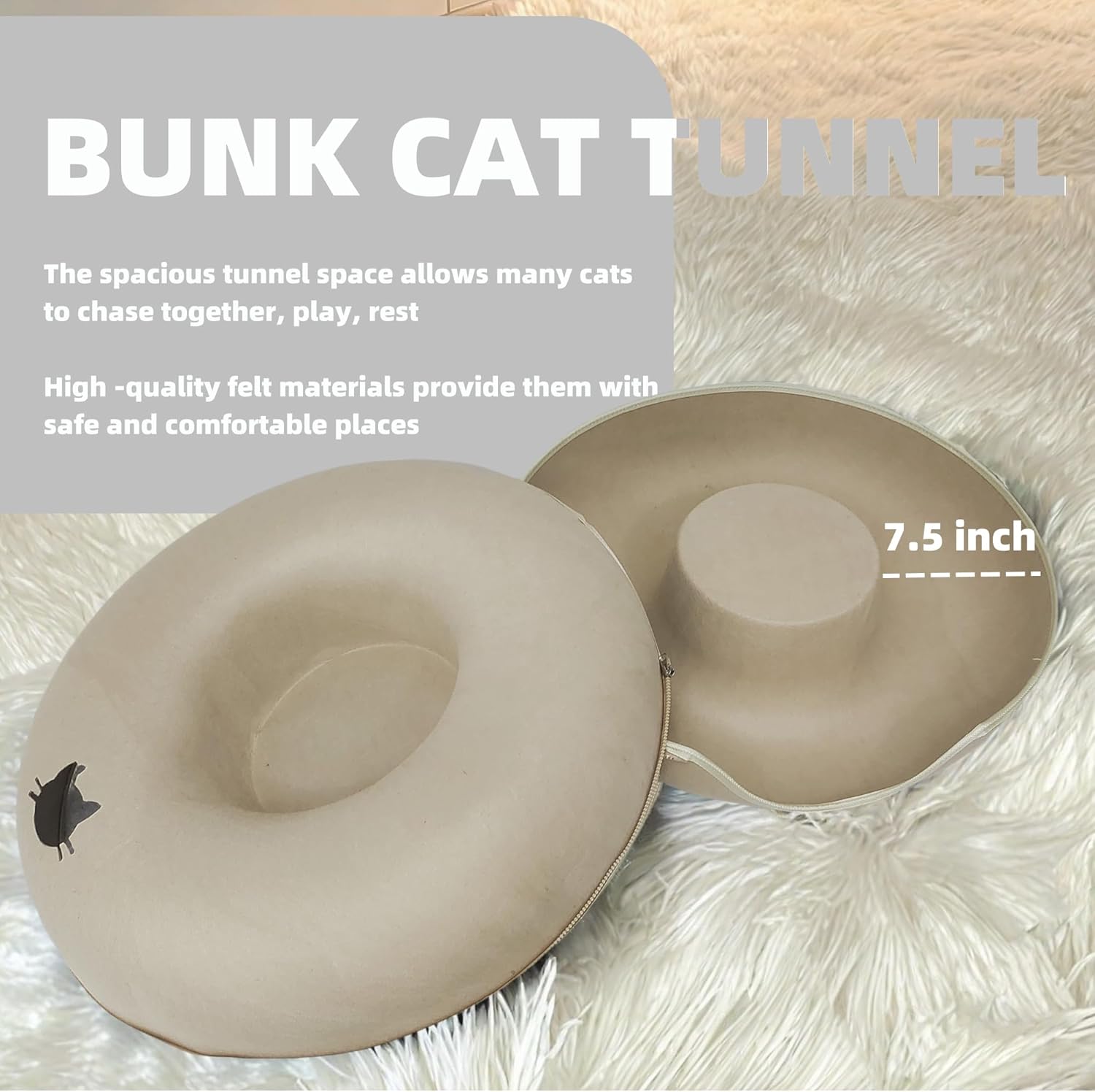 Donut Cat Tunnel Bed Peekaboo Cat Cave for Large Cats Up to 30 Lbs, Kitty Interactive Playing Tent House for Multiple Cats,Detachable,Scratch Resistant (Beige, Large - 24 Inch Diameter) - Pet Explorer