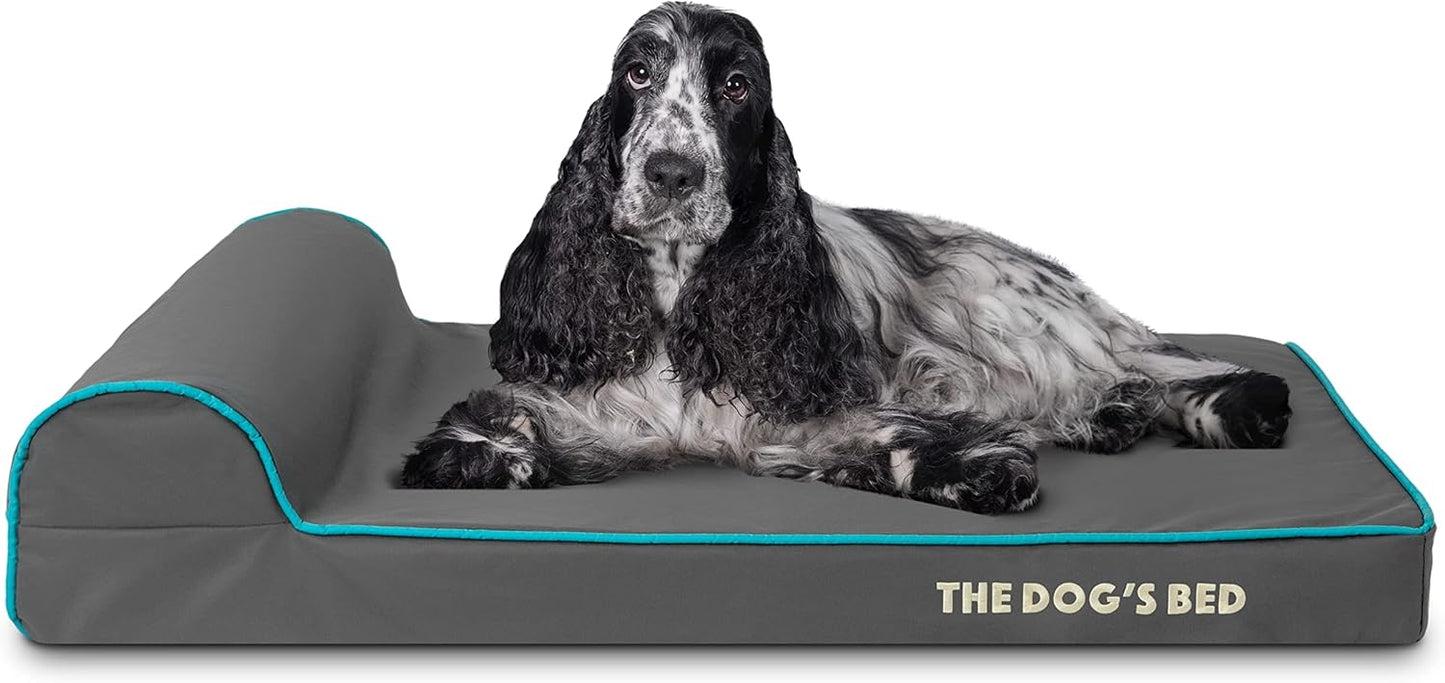 The Dog’s Bed Orthopedic Headrest Dog Bed Med Grey/Blue 34x22, Memory Foam, Pain Relief: Arthritis, Hip & Elbow Dysplasia, Post Surgery, Lameness, Veterinary Approved, Waterproof Washable Cover - Pet Explorer