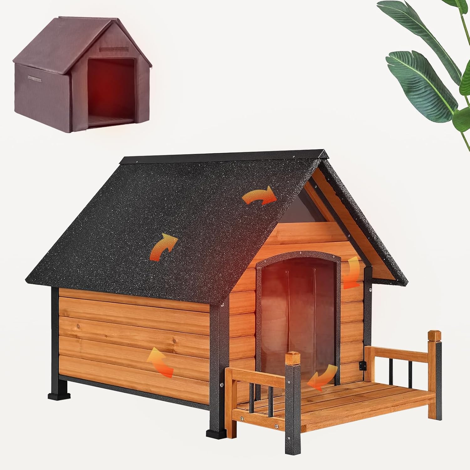 Dog House with Insulated Liner Outdoor Indoor All-Around Iron Frame Design Dog House with Porch＆Raised Feet for Small Medium Large Dogs（Brown） - Pet Explorer