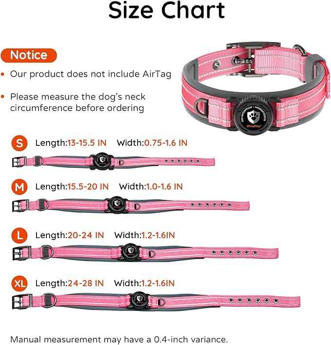 Upgraded AirTag Dog Collar with Holder, Waterproof Reflective Air Tag Dog Collar with Widened Comfortable Padding & Ultra-Durable Metal Buckle, Adjustable for Medium Dogs (M, Rose Red)