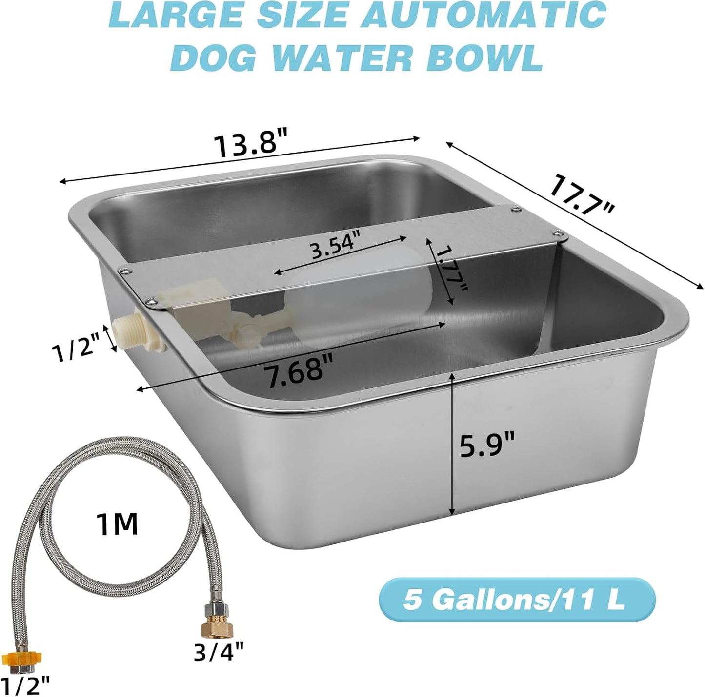 5 Gallon Automatic Dog Water Dispenser, Large Dog Water Bowl Dispenser for Outdoor, Stainless Steel Pet Bowl for Waterer Auto Fill Pet Waterer for Livestock Dogs Cats Chicken Fit 3/4'' GHT Faucet