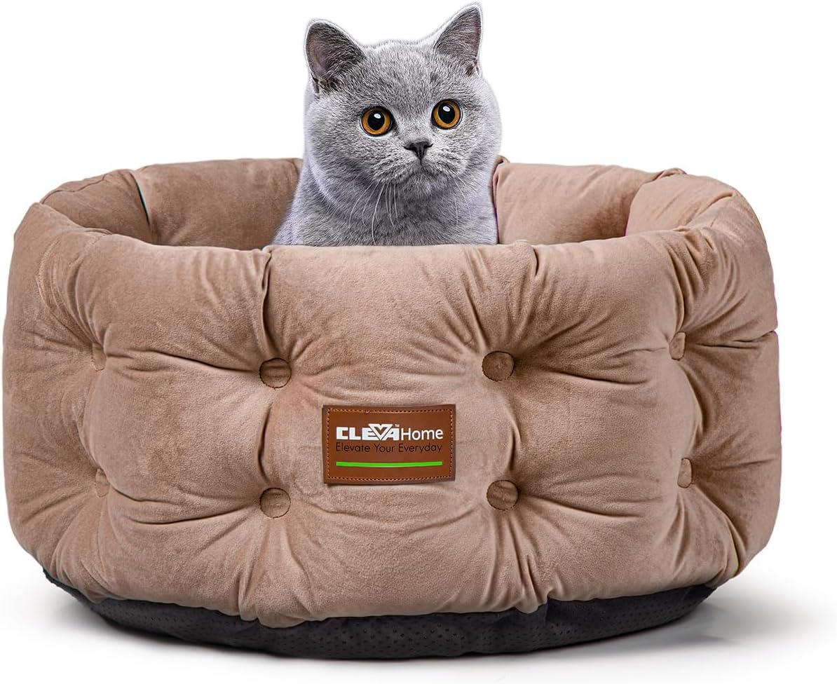 ClevaHome Deep Nest Cat Bed for Small Pets up to 15lbs - Round Cat Beds for Indoor Cats, Luxurious Velvet Feel, Extra High Sides, Machine Washable Comfort Pet Bed with Non-Slip Bottom (Warm Beige) - Pet Explorer