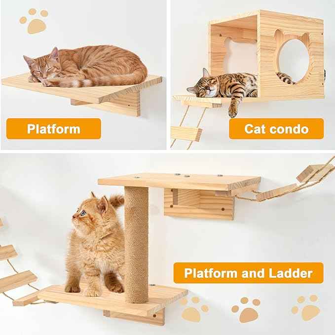 Cat Wall Shelves and Perches, Pine Wooden Cat Wall Furniture Climbing Shelves with Climber, Condo, Scratching Post, Ladder & Platform