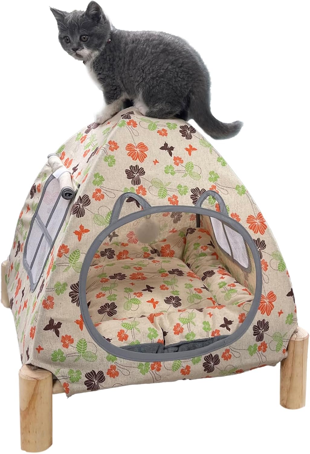 2-in-1 Elevated Cat Tent Cat House, Quick Assembly and Disassembly, Portable Indoor/Outdoor Cute Cat Bed Cave-Butterfly and Flower - Pet Explorer