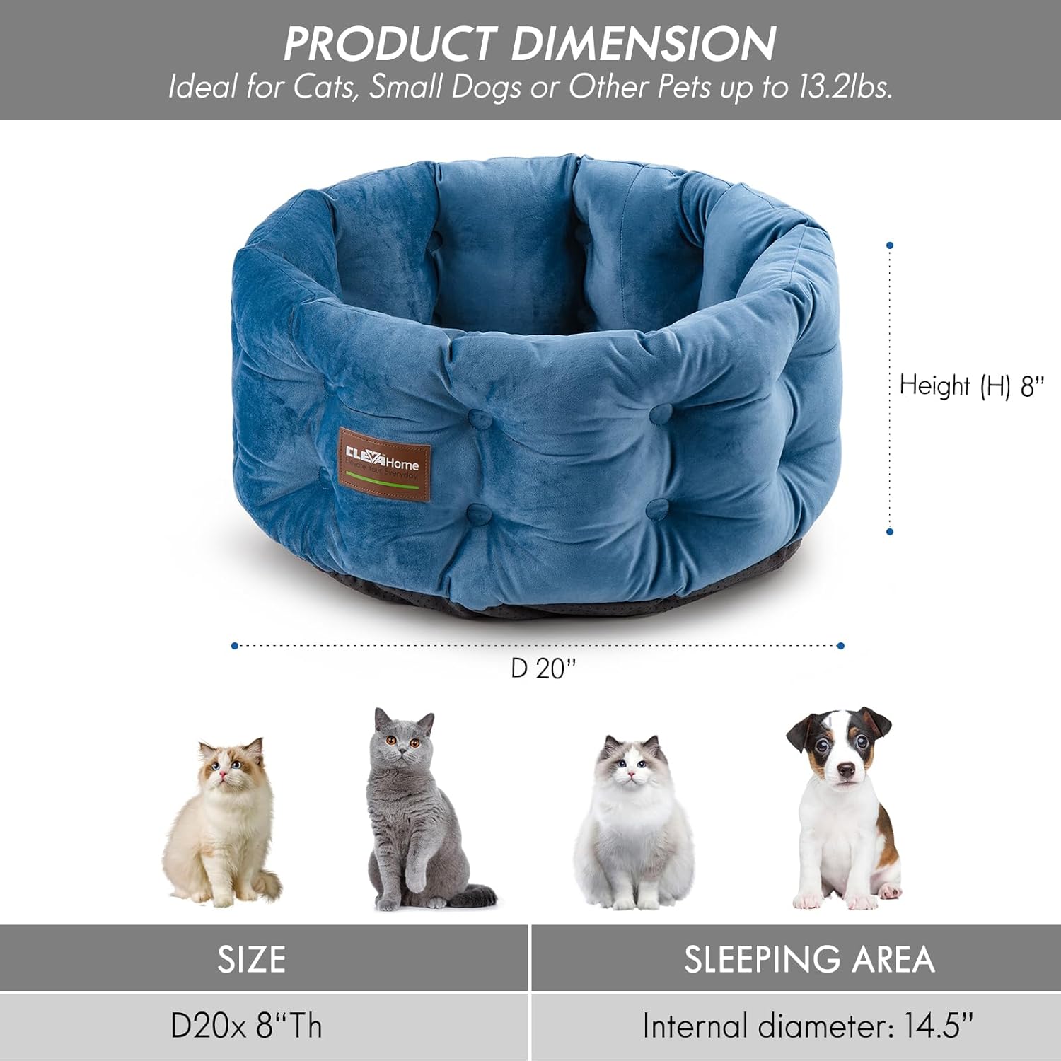 ClevaHome Deep Nest Cat Bed for Small Pets up to 15lbs - Round Cat Beds for Indoor Cats, Luxurious Velvet Feel, Extra High Sides, Machine Washable Comfort Pet Bed with Non-Slip Bottom (Steel Blue) - Pet Explorer