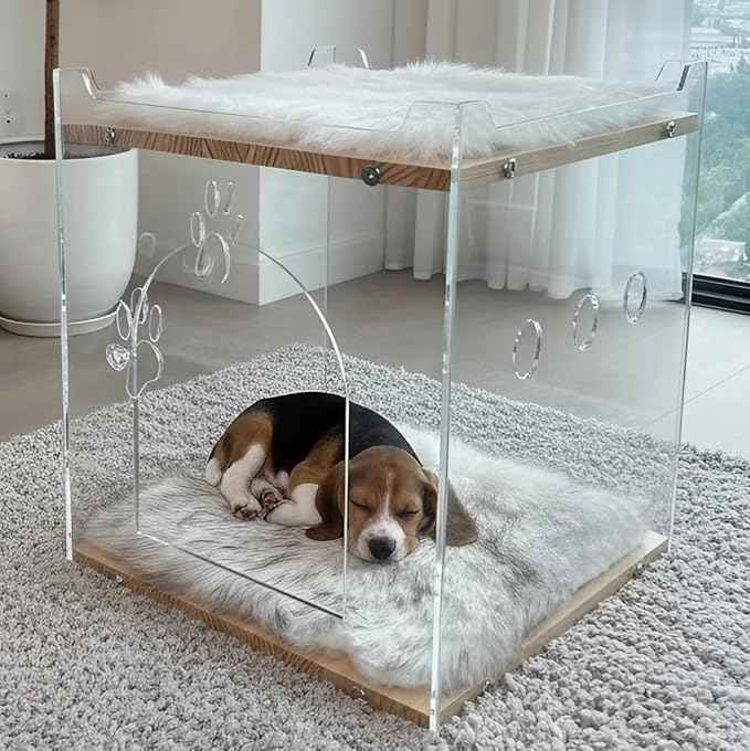 Cozy Double Layer Clear Wood Cat House for Indoor Cat Bed and Small Dog Bed - Soft Blanket Acrylic Square Design, Perfect Pet Necessities
