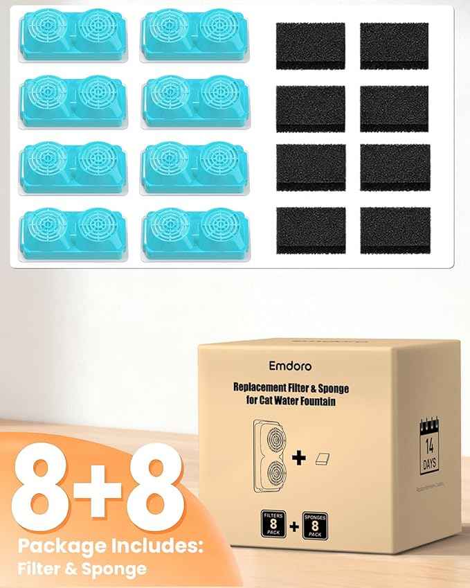 Official 8-Pack Replacement Filters and Sponges for 3.2L/108oz Stainless Steel Cat Water Fountain Cordless (4 Months Set)