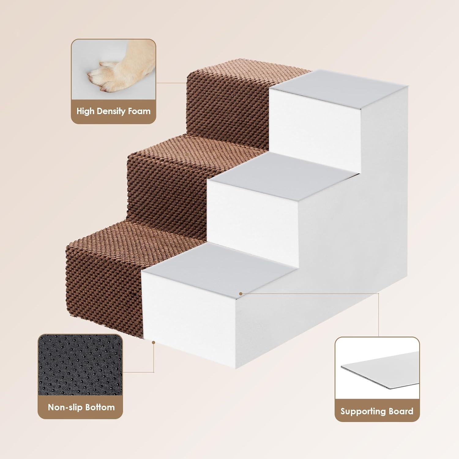 EHEYCIGA Dog Stairs for Small Dogs 13.5" H, 3-Step Dog Steps for Couch Sofa and Chair, Pet Steps for Medium Cats, Non-Slip Balanced Pet Ramp Indoor, Brown - Pet Explorer